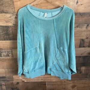 Free People x FP Movement Strive On Sweater Teal Size Small Velour Oversize Crew